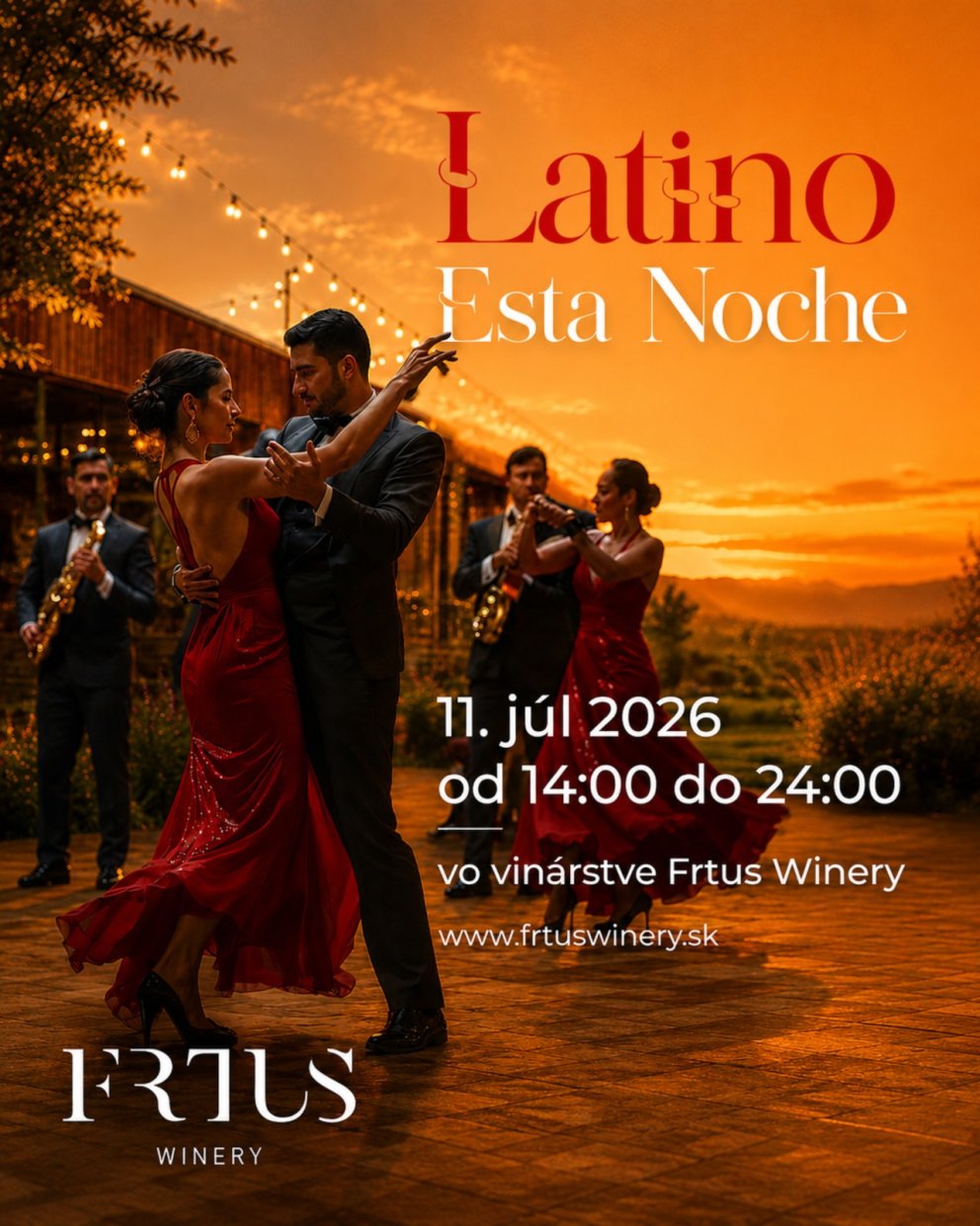 Banner Latino Esta Noche 2026 vo vinárstve Frtus Winery – tancujúci pár pri západe slnka