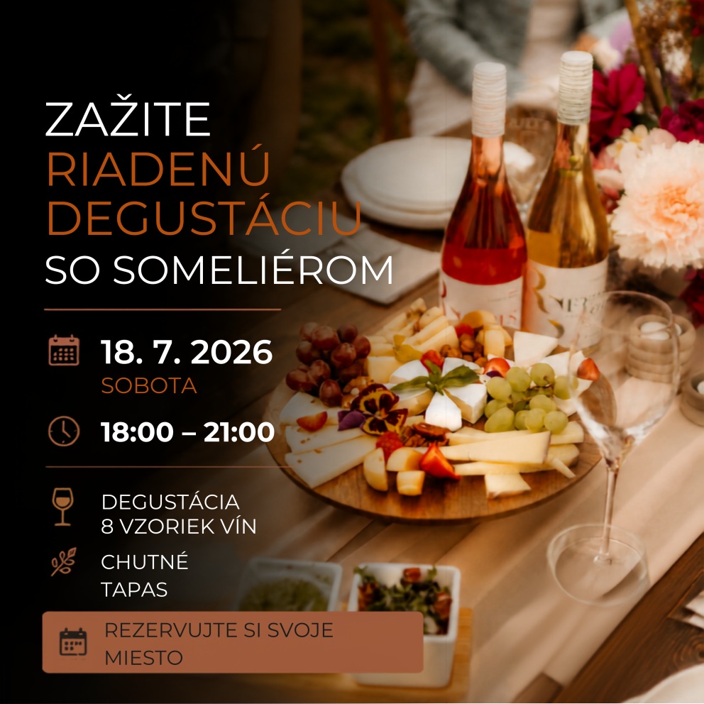 Grafika s pozvánkou na riadenú degustáciu vína vo vinárstve Frtus Winery, ktorá sa koná 18. 7. 2026. Na obrázku je prestretý stôl so syrovým tanierom, ovocím, fľašami vína a pohárom.